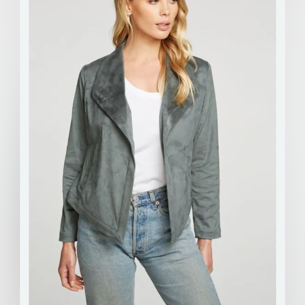 Chaser Faux Suede Long Sleeve Draped Open Front Jacket Gray Size S
